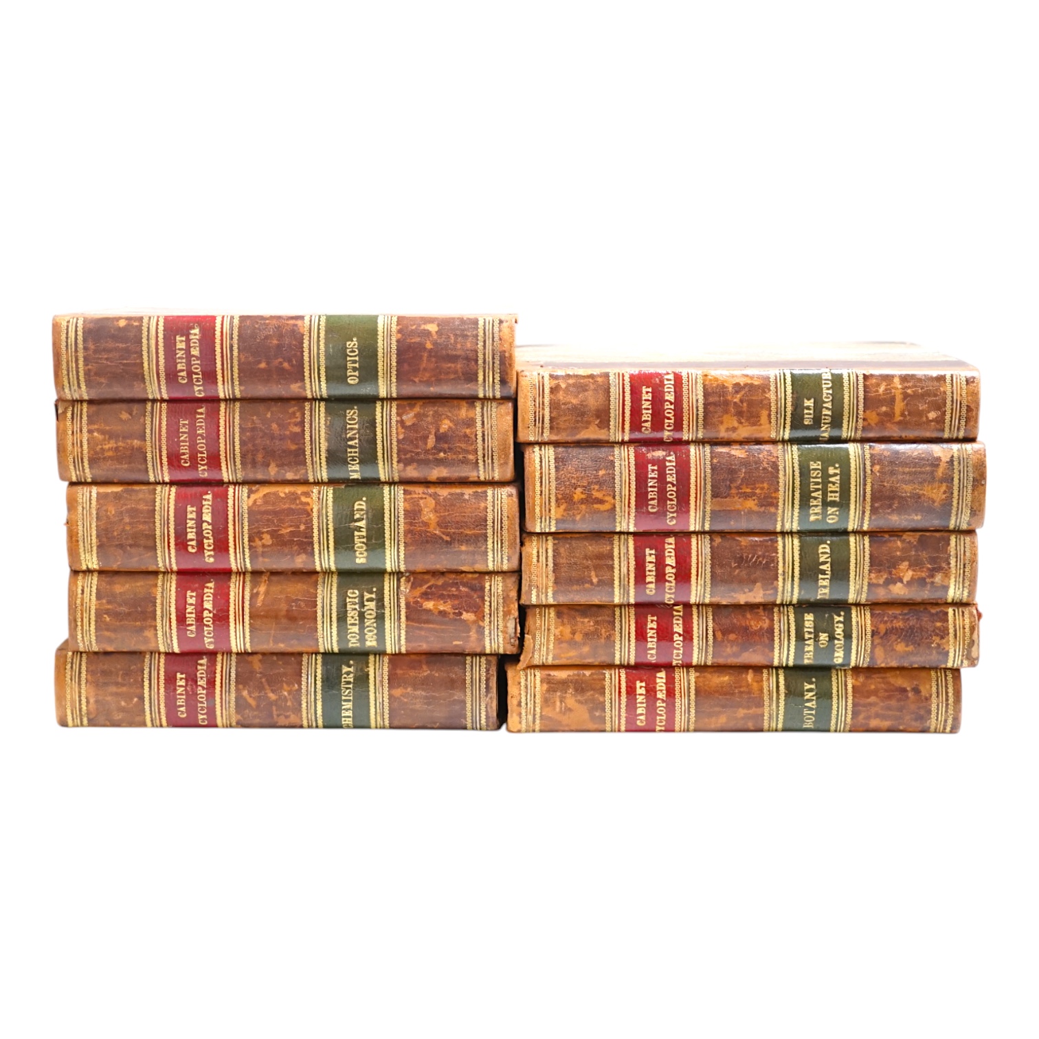 The Cabinet Cyclopaedia. 10 various vols. pictorial engraved titles, old half calf and marbled boards with red and green labels, 1830.